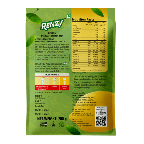 Renzy Instant Drink Mix - Lemon (Back)