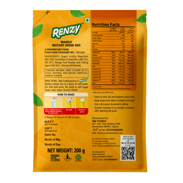 Renzy Instant Drink Mix - Mango (Back)