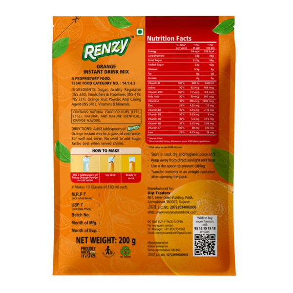 Renzy Instant Drink Mix - Orange (Back)