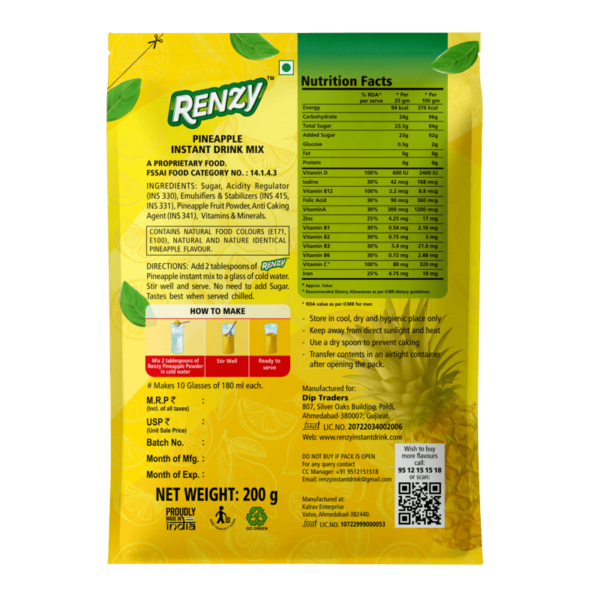 Renzy Instant Drink Mix – Pineapple (Back)